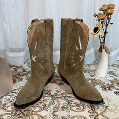 Damen Western Cowboystiefel mit Kontrastnähten - Wildleder Khaki/Schwarz Cowgirlstiefel