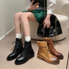 Cow Combat Boots Designer Retro Chunky Lace up Boots Back Zip Brown/Black