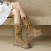 Suede Mid Calf Chunky Western Boots