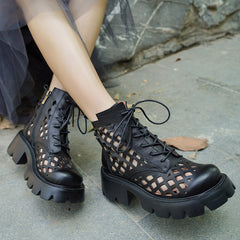 Handgemachte echte ausgehöhlte Stiefel Sommer Martin Stiefel Seitlicher Reißverschluss klobige Absätze Schwarz/Braun