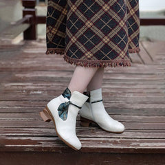 Handgemachte weiche Stiefeletten Retro Runde Spitze Schwarz/Weiß