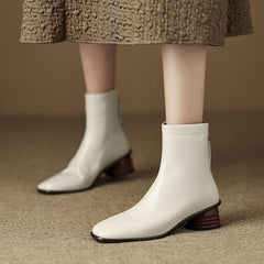 Botas Chelsea clásicas y elegantes con tacón medio y cremallera trasera, botas elásticas con punta cuadrada y calcetín, color blanco/caqui