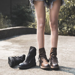 Retro Reitstiefeletten Chunky Wrinkled Ankle Boots Schwarz/Kaffee