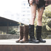 Nubuck Mid Calf Boots Fold Design Riding Boots