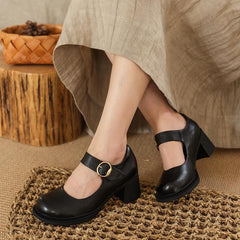 Handmade Pumps Mary Jane Heels Sandalss Round Toe Retro Velcro Sandals Black/Brown