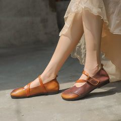 Sandalias Mary Jane planas con velcro, estilo retro, hechas a mano, de punta redonda, color amarillo/verde