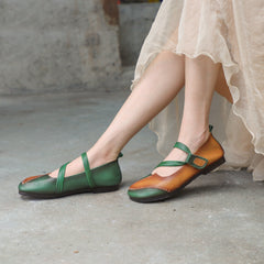 Sandalias Mary Jane planas con velcro, estilo retro, hechas a mano, de punta redonda, color amarillo/verde