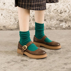 Handgemachte flache Mary Jane Schuhe im Retro-Wachsstil, runde Zehenpartie, Braun/Schwarz/Kaffee