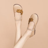 Handgemachte flache Mary Jane Blumen Runde Spitze Aprikose/Grün