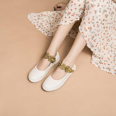 Handmade Flat Mary Jane Flowers Round Toe Apricot/Beige