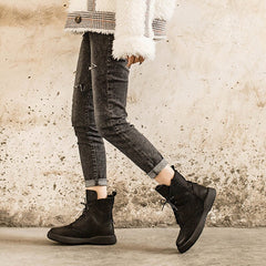 Botas cortas de nieve con cordones y forro de piel de oveja encerada para invierno