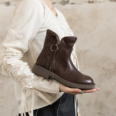 Gewachste Schaffell Kurze Stiefel Designer Retro Chunky Ankle Boots Dunkelkaffee/Schwarz