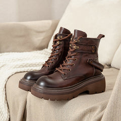 60mm Plateaustiefel aus Rindsleder, Designer-Retro-Reitstiefel mit dicker Sohle