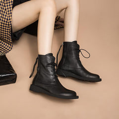 Full Grain Combat Boots Designer Retro Chunky Riding Boots Back Zip Brown/Black