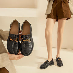 Retro Chunky Loafers Weiche Plaid Echte Plattform Schuhe Runde Zehe Metall Kette