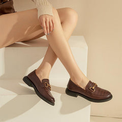 Retro Chunky Loafers Weiche Plaid Echte Plattform Schuhe Runde Zehe Metall Kette