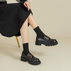 Mocasines gruesos a cuadros con plataforma auténtica, punta redonda, cadena de metal, sin cordones, hechos a mano