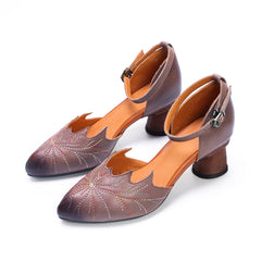 Retro Style Embroidery Pointed-Toe Mary Jane Pumps Coffee/Grey