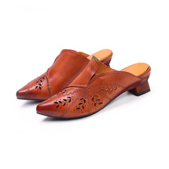 Retro Style Pointed-Toe Mules Block Heels Coffee/Grey