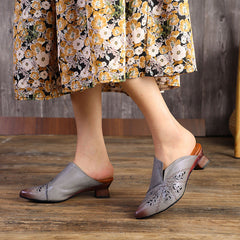 Retro Style Pointed-Toe Mules Block Heels Coffee/Grey