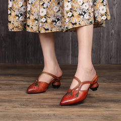 Retro Style Embroidery Pointed-Toe Mules Block Heels Coffee/Grey