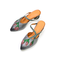 Retro Style Embroidery Pointed-Toe Mules Block Heels Coffee/Grey