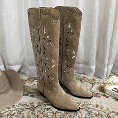 Damen Western Cowboystiefel mit Kontrastnähten und ausgehöhlten Verzierungen - Khakifarbene Cowgirlstiefel, komplett aus echtem Leder