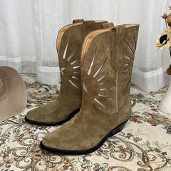 Damen Western Cowboystiefel mit Kontrastnähten - Wildleder Khaki/Schwarz Cowgirlstiefel