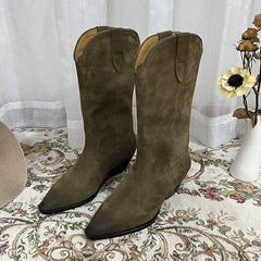 Botas vaqueras de ante estilo western para mujer, de media pantorrilla y tacón cuadrado, color caqui, negro, gris y marrón, totalmente de cuero genuino.