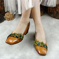 Zapatos de tacón grueso con plataforma y flores, hechos a mano, con punta cuadrada