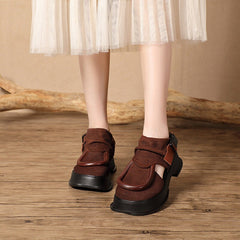 Echte Plateau Slingback Sandalen Seitlicher Knopf Retro Blockabsatz