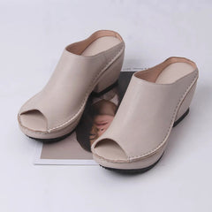 Genuine Block Heel Slippers Peep Toe Slingbacks Sandals