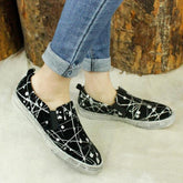 Women's Wide Width Sneakers Hand-Printing Round Toe Casual Slip On Flaty Shoes