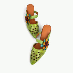 Flower Detail Pointed-Toe Mules Block Heels