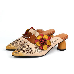 Flower Detail Pointed-Toe Mules Block Heels