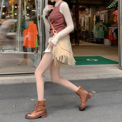 Cow Combat Boots Designer Retro Chunky Lace up Boots Back Zip Brown/Black