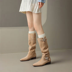 Kniehohe Wildlederstiefel für Damen mit Schnallen