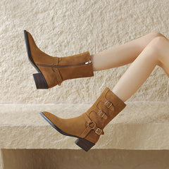 Damen-Stiefel aus Wildleder mit mittelhohem Absatz, 45 mm, mit Schnallendetail