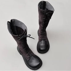 Handgemachte kniehohe Stiefel mit Schnürung, Big Toe Splicing Design, Reitstiefel, Schwarz/Braun
