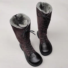 Handgemachte kniehohe Stiefel mit Schnürung, Big Toe Splicing Design, Reitstiefel, Schwarz/Braun