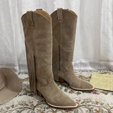 Womens Suede Knee High Boots 65mm Block Heel Tassels Cowboy Boots