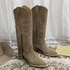 Botas altas de ante para mujer, tacón de bloque de 65 mm, con borlas, estilo vaquero