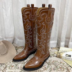 Womens Contrasting Embroidery Western Boots Knee High Cowboy Boots