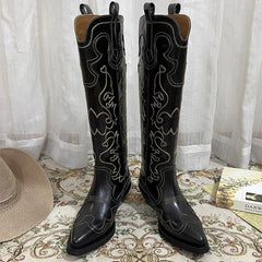 Womens Contrasting Embroidery Western Boots Knee High Cowboy Boots