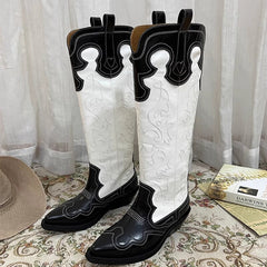 Womens Contrasting Embroidery Western Boots Knee High Cowboy Boots