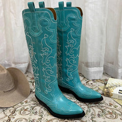Womens Contrasting Embroidery Western Boots Knee High Cowboy Boots