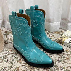 Womens Contrasting Embroidery Western Boots Cowboy Boots Short Boots