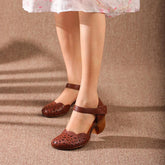 Handgemachte echte Pumps Plateau Sandalen mit runder Spitze und Absatz Aprikose/Kaffee