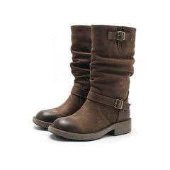 Designer Mid Calf Boots Fold Design Riding Boots Buckle Detail