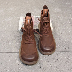 Round Toe Martin Boots Lace-Up Combat Boots Soft Ankle Boots
